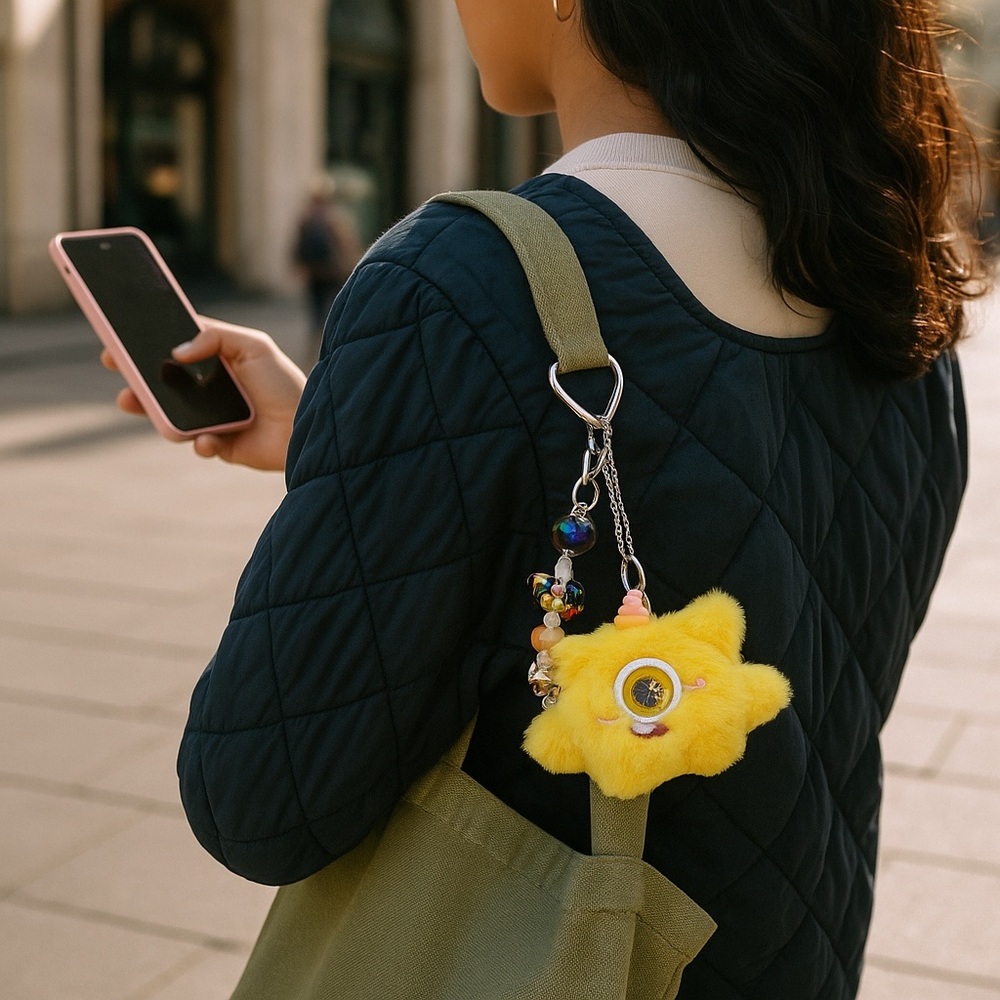 Handmade Yellow Monster Bag Charm + Hand Painted Keychain